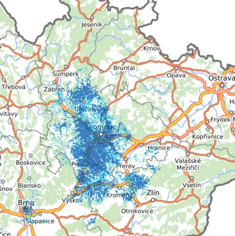 Pokrytí  signálem 5G od společnosti O2 v Olomouckém kraji podle webu Českého telekomunikačního úřadu, leden 2022