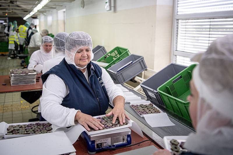 Olomoucká čokoládovna Zora ze skupiny Nestlé vyrábí v těchto dnech čokoládové cukrovinky pro vánoční trh, 18. srpna 2022, Olomouc. Na snímku je ruční balírna.