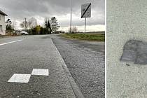 Bílé značky, geodetické vlícovací body, se objevily na silnicích v Olomouckém kraji. Desítky jich někdo přemaloval černou barvou.