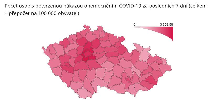 Počet osob s potvrzeným covidem za posledních 7 dní v přepočtu na 100 tisíc obyvatel po okresech, k 30. lednu 2022