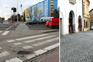 Křižovatku Schweitzerovy a Velkomoravské (vlevo) i Uhelnou ulici (vpravo) čeká v roce 2024 oprava