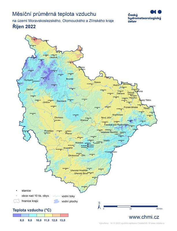 Měsíc říjen byl v Olomouckém kraji klasifikován jako teplotně silně nadnormální měsíc. S průměrnou měsíční teplotou vzduchu 10,5 stupně Celsia byl o 2,3 stupně teplejší než krajový normál za období 1991 až 2020