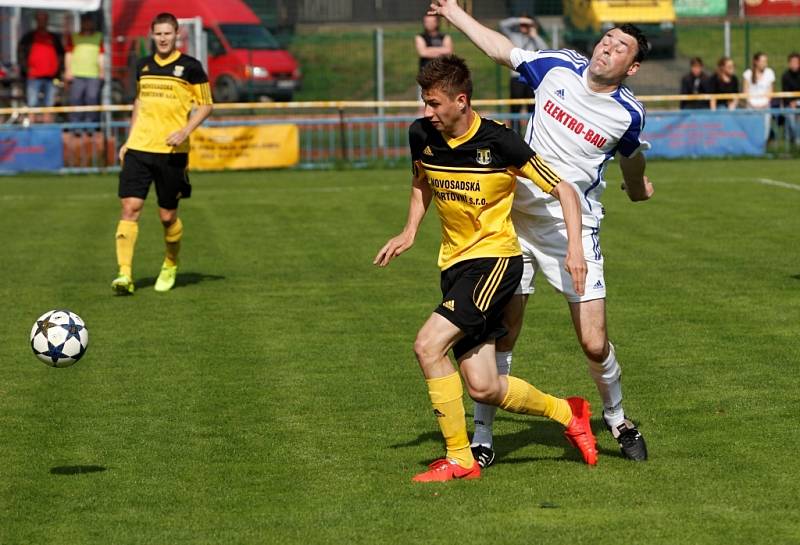 Fotbalisté Nových Sadů (ve žlutém) porazili Dolany 8:1 a radovali se z vítězství v soutěži.