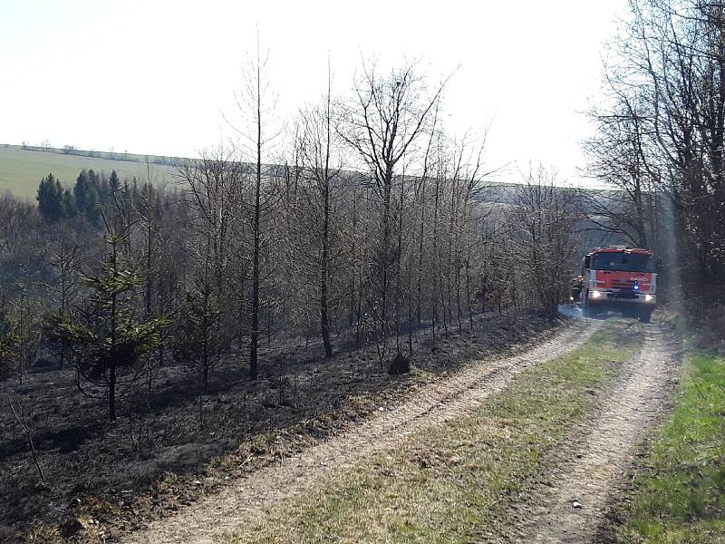 Hasiči během pondělí 6. dubna likvidovali požáry na devíti místech Olomouckého kraje. Požár u Huzové.