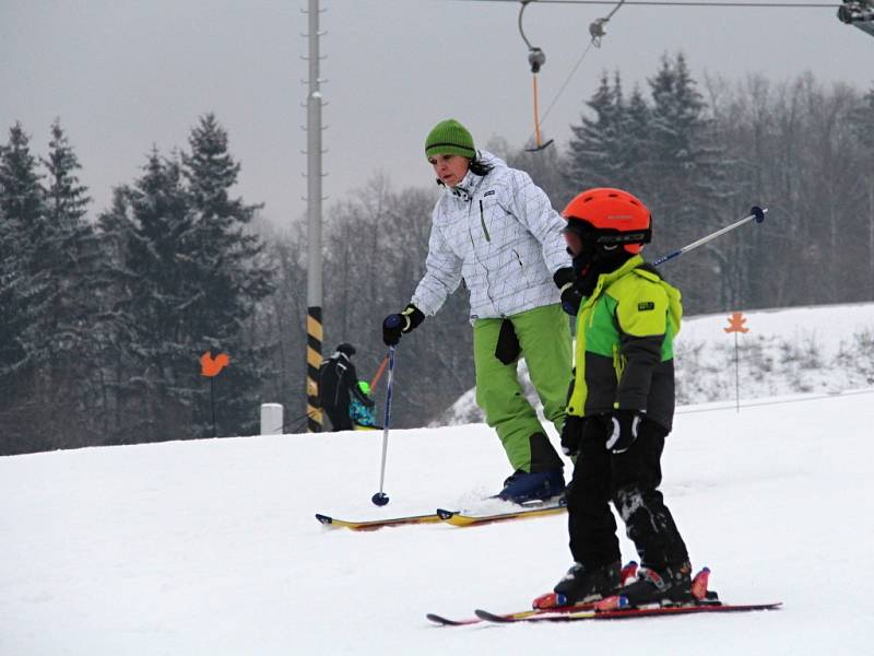 Lyžování v Hlubočkách - 2. ledna 2016 - Na svah vyrazili lyžaři, snowboardisté i malý otužilci na bobech a na saních.