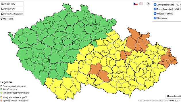 Český hydrometeorologický ústav vydal výstrahu před velmi vydatnými dešti na severu a západě Olomouckého kraje, zároveň varuje před povodňovými stavy na úrovni bdělosti.