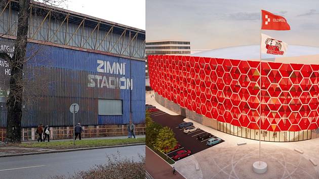 Olomoucká "plecharéna" (vlevo) a vizualizace hokejové haly v projektu Nová Velkomoravská