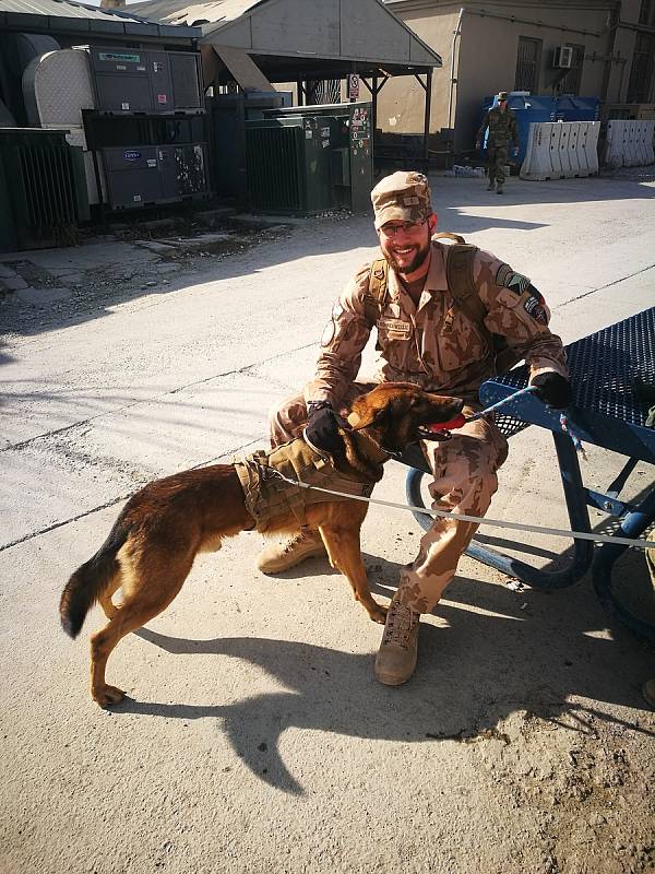 Jan Schneeweiss s americkým pracovním psem. Se psy a jejich psovody čeští vojáci v Afghánistánu spolupracovali při prohledávacích operacích základny poté, co došlo v listopadu 2016 k sebevražednému útoku na základnu Bagram.Autor: Jan Schneeweiss