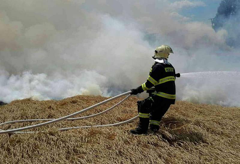 Požár pole s obilím v olomouckých Chválkovicích, 11. 7. 2019