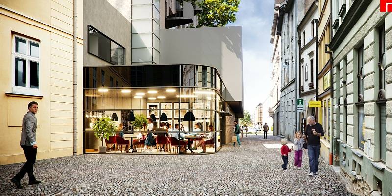 Takto by mohla po rekonstrukci budovy bývalé Jednoty vypadat Švédská ulice - s novým bistrem.