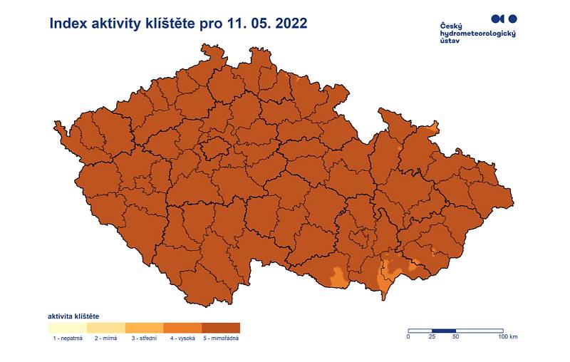 Riziko napadení klíštětem v ČR pro 11.5. 2022