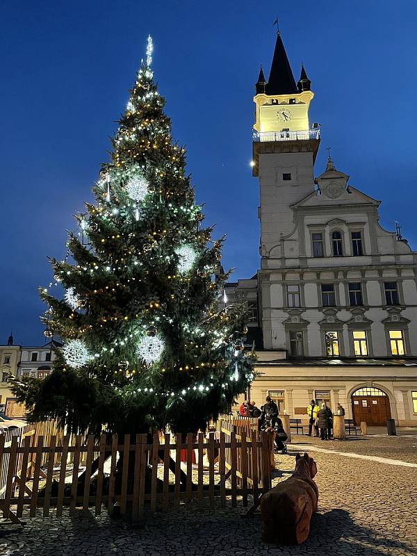 Vánoční strom na Masarykově náměstí v Uničově. Prosinec 2021