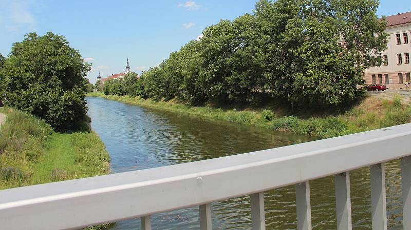 Řeka Morava v Olomouci při pohledu od mostu v Komenského ulici směrem ke Klášternímu Hradisku