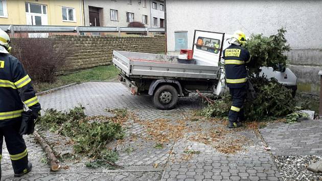Strom spadl na dodávku ve Velkém Týnci. Následky silného větru v Olomouckém kraji, 4.2. 2020