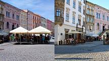 Dolní náměstí. Vizualizace možné podoby restauračních zahrádek podle požadavků olomouckého magistrátu. Vlevo aktuální reálná podoba