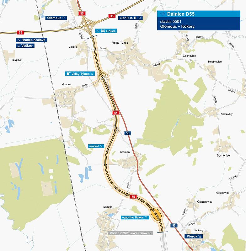 Trasa D55 Olomouc–Kokory. Délka úseku je 7,60 kilometru