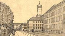 Návrh nové radnice v Olomouci z 30. let minulého století - úřední komplex měl vyrůst na místě dnešního autobusového nádraží u Tržnice