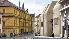 Hanácká kasárna (vlevo) a vizualizace novostavby SEFO podle arch. Šépky v proluce u Muzea umění v Olomouci