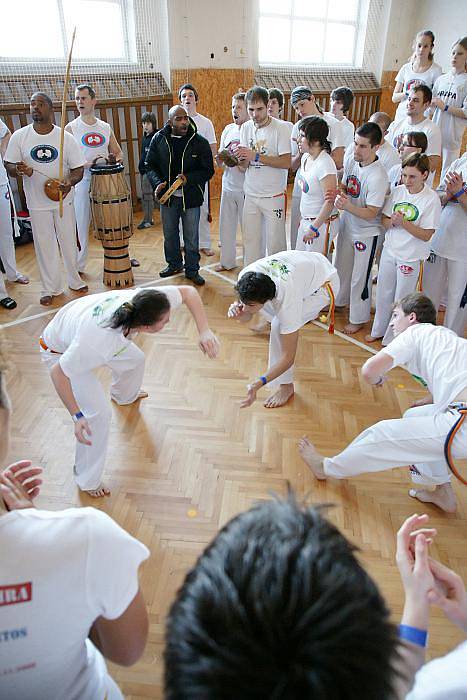 Setkání vyznavačů brazilské capoeiry v olomoucké sokolovně