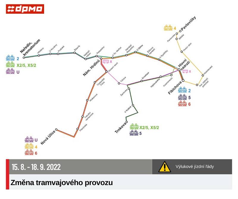 Změny v MHD během výluky na tramvajové trati mezi tržnicí a Okresním soudem, 15.8-18.9. 2022