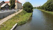 Řeka Morava v Olomouci při pohledu od mostu v Komenského ulici směrem ke Klášternímu Hradisku