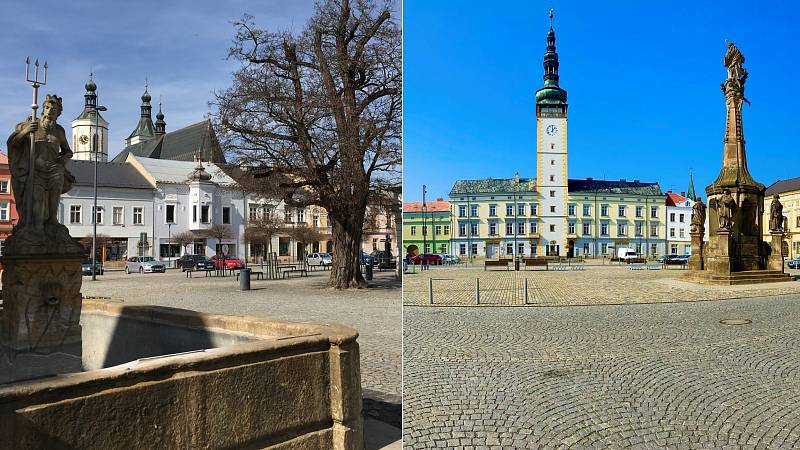 Karanténou vylidněná náměstí v Uničově (vlevo) a Litovli. Ilustrační foto