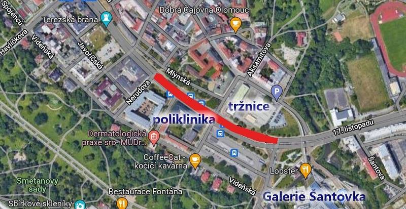Červeně uzavřená část třídy Svobody mezi křížením s Nerudovou ulicí, Aksamitovou a Polskou - od 8.8. do 18.9. 2022