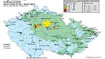 Mapa znečištění pevnými částicemi v ČR 26.7. - hodinový průměr mezi 7.-8. hodinou ráno