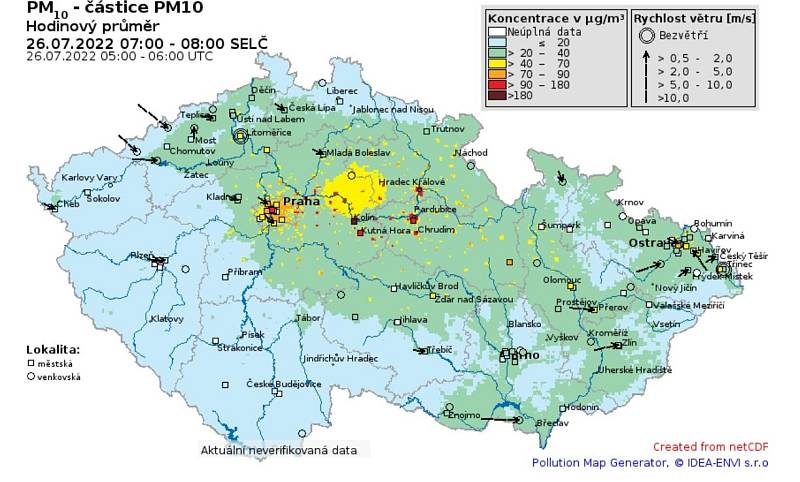 Mapa znečištění pevnými částicemi v ČR 26.7. - hodinový průměr mezi 7.-8. hodinou ráno