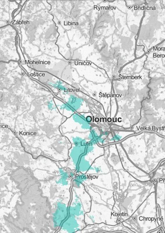 Pokrytí 5G podle webu společnosti T-Mobile - v Olomouckém kraji v lednu 2022
