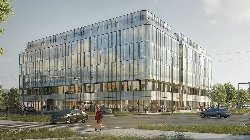 Vizualizace kancelářského komplexu Envelopa Office Center u křižovatky třídy Kosmonautů a třídy 17. listopadu v Olomouci