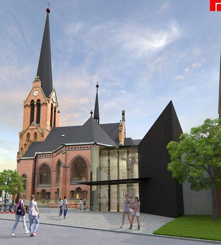Vizualizace proměny a dostavby Červeného kostela v Olomouci