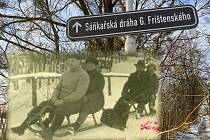 Gustav Frištenský (sedící vpředu, za ním jeho manželka) na sáňkařské dráze v Mladči. Tu je možné navštívit