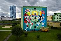 Street art festival v Olomouci 2019. Koctel Kahoolawe (Španělsko) a jeho mural na zdi VŠ kolejí v Olomouci