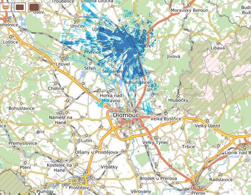 Pokrytí  signálem 5G od společnosti T-Mobile v Olomouckém kraji podle webu Českého telekomunikačního úřadu, leden 2022