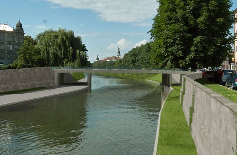 Vizualizace budované náplavky u řeky Moravy mezi mosty v Komenského ulici a na Masarykově třídě v Olomouci