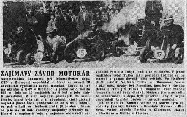 Okresní noviny Stráž lidu informují o prvním závodu motokár v Olomouci.