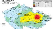 Mapa znečištění pevnými částicemi v ČR 26.7. - hodinový průměr mezi 10.-11. hodinou ráno