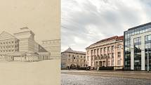Návrh budovy Hanáckého divadla z 20. let minulého století na třídě Svobody (vpravo současná podoba místa)