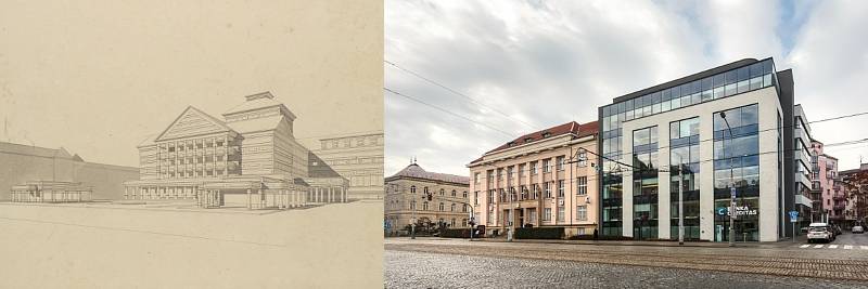 Návrh budovy Hanáckého divadla z 20. let minulého století na třídě Svobody (vpravo současná podoba místa)