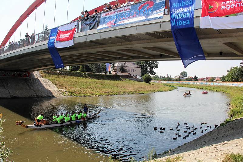 Dračí lodě od sobotního rána čeří vodu řeky Moravy u Dětského centra Ostrůvek na Nových Sadech v Olomouci.