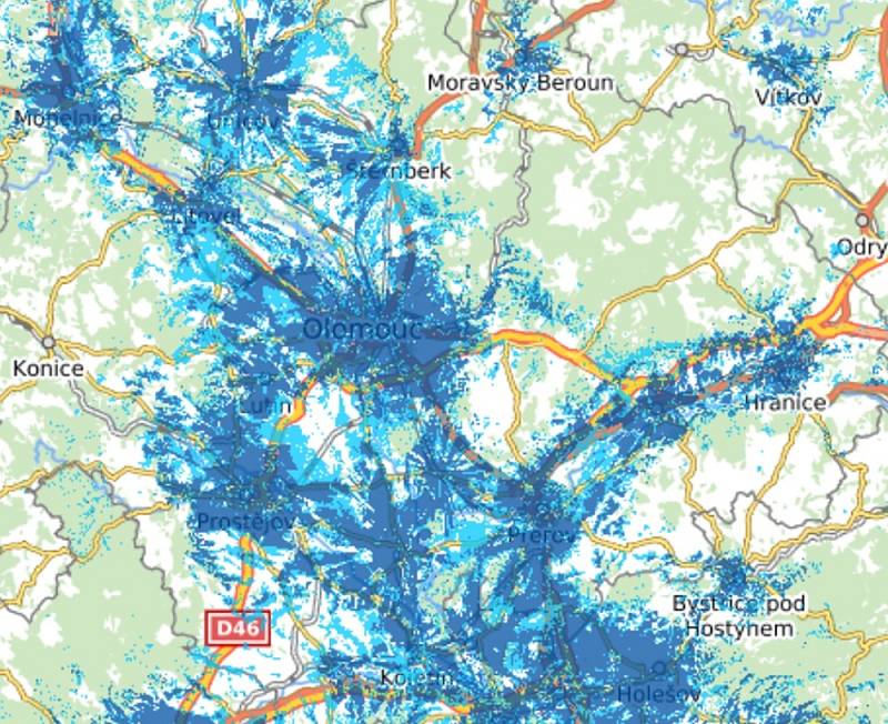 Pokrytí  signálem 5G od společnosti Vodafone v Olomouckém kraji podle webu Českého telekomunikačního úřadu, leden 2022