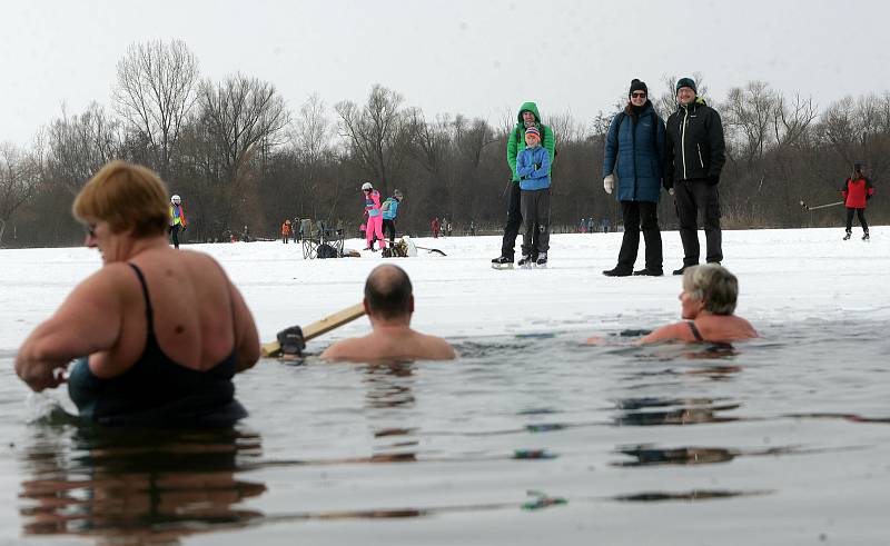 Někdo brusle, někdo plavky. Zamrzlé přírodní koupaliště Poděbrady v sobotu 13.2.2021. Množství bruslařů doplňovali otužilci.