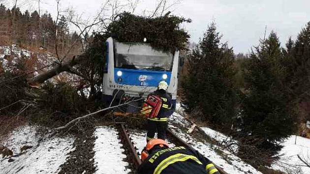Silný nárazový vítr zaměstnává hasiče na území celého kraje. Ve Dzbelu na Prostějovsku spadl například strom na vlak. 30.1. 2022