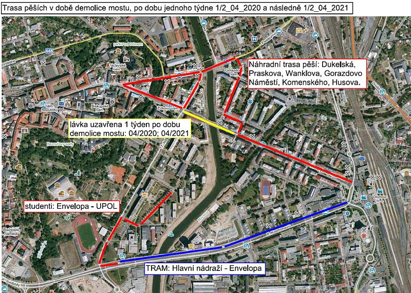 Trasa pro chodce po dobu přibližně týdenní uzavírky mostu na Masarykově třídě v Olomouci, ta začíná od pondělí 6. dubna.