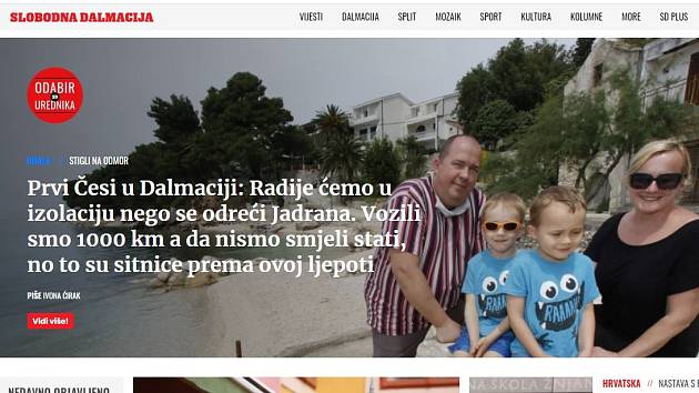 Slobodna Dalmacija. Pobyt rodiny z Olomouce na Makarské riviéře záhy po uvolnění mimořádných opatření zaujal i místní média
