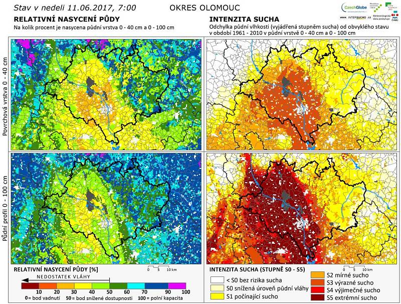 Sucho v okrese Olomouce ke dni 11.6.2017 podle projektu Intersucho.cz