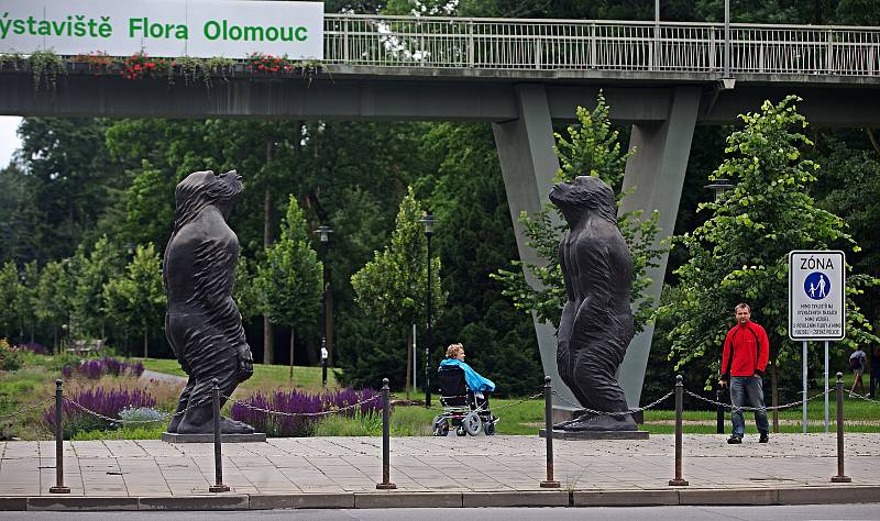 Festival Sculpture Line v Olomouci - dvě sochy lidoopů autora Liu Ruowang s názvem Original Sin u vstupu do Smetanových sadů