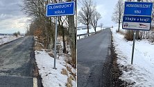 Silnice z Dlouhé Loučky do Tvrdkova - rozbitá a plná děr v Olomouckém kraji a jako vyžehlená asfaltka v Moravskoslezském kraji