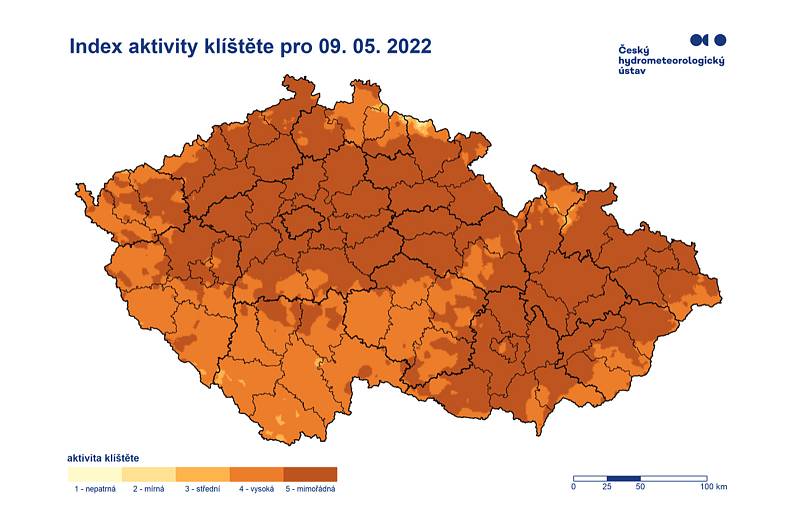 Riziko napadení klíštětem v ČR pro 9.5. 2022
